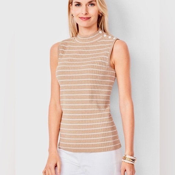 TALBOTS SLEEVELESS RIBBED MOCK NECK SWEATER METALLIC STRIPE WOMEN’S LARGE - Picture 1 of 12
